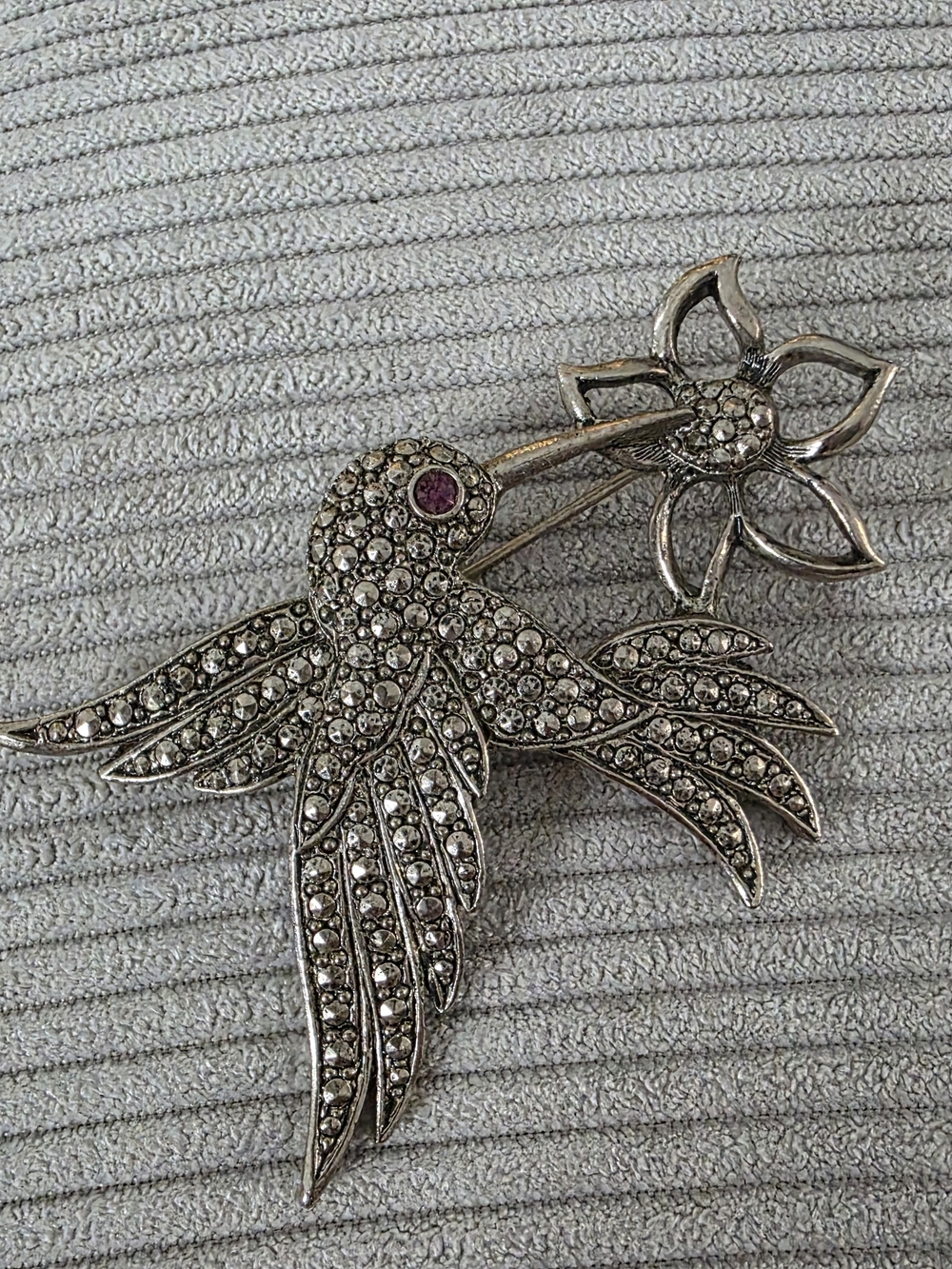 Rhinestone Bird and Flower Brooch - Silver with Pink Accent
